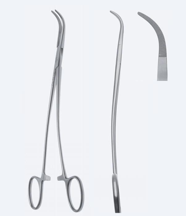 Зажими дисекційні та лігатурні, "Overholt", S-вигнуті, зубчасті щелепи, з кремальєрою, загальна довжина 185 мм. Бренд - Asanus Medizintechnik Gmb, Німеччина